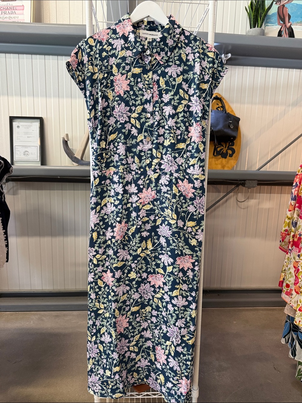 Lucky Brand Navy Maxi Dress with Pink & Yellow Floral Print